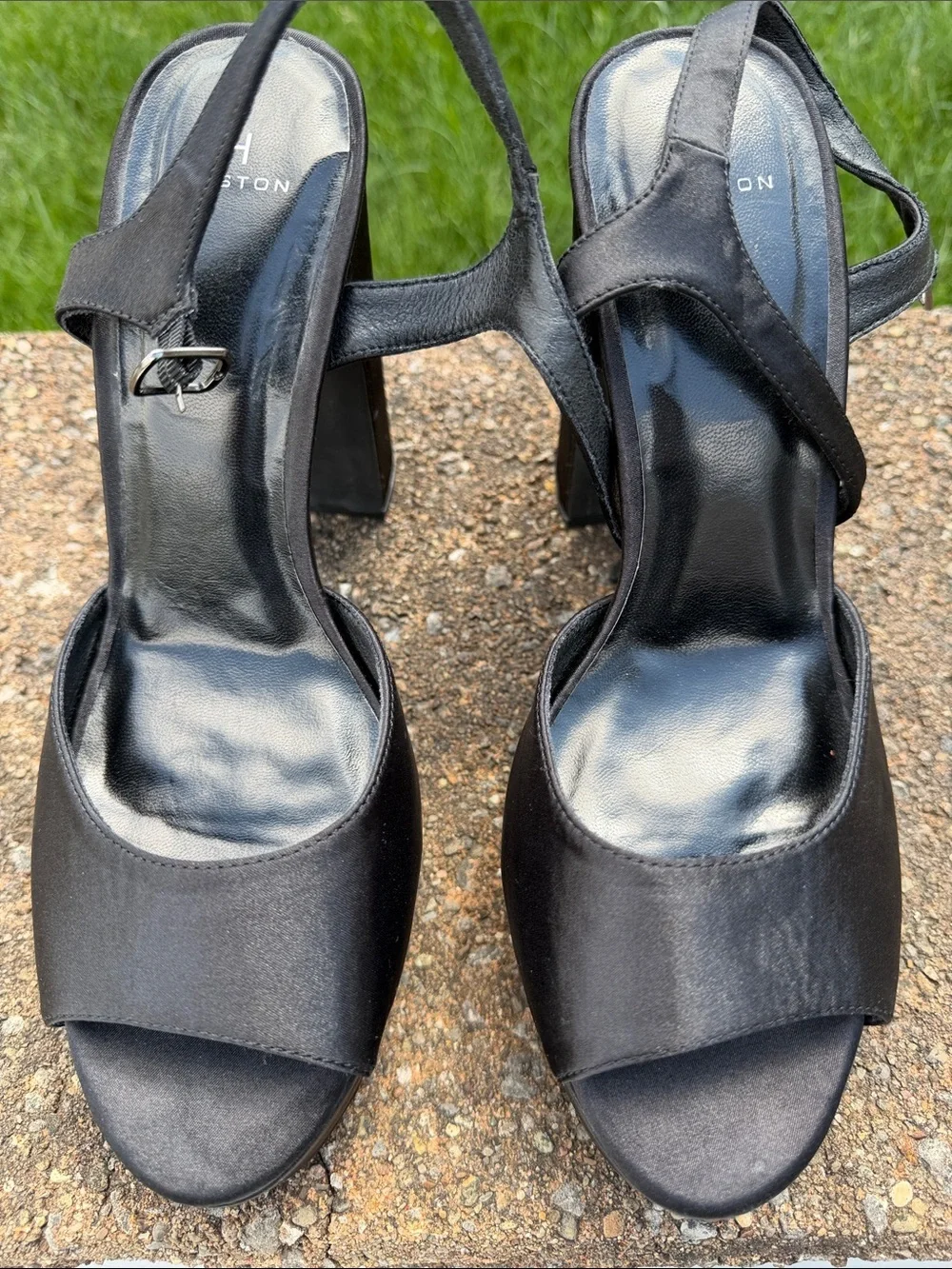 H by Halston Black Satin Platform Ankle-Strap Sandals